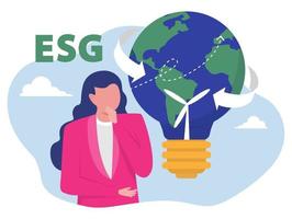 businesswoman thinking with lightbulb lamp  ecology problem ESG  renewable, green, safe and long term source concept vector illustration.