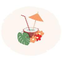 Exotic coconut cocktail in a nut shell with an umbrella and straw in trendy colors. vector