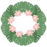 Circle frame with an abstract image of monstera leaves and flowers. Copyspace. Template. Lifestyle. vector