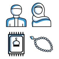 Islamic set icon. Contains such icons as muslim man, Muslim girl, prayer rug, prayer beads. Two tone icon style. Simple design editable vector
