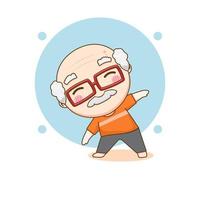 Happy grandpa practicing yoga. Old man doing gymnastic. chibi cartoon character. Vector art illustration