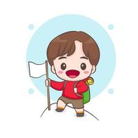 Happy climber holding flag standing on top mountain.Young smiling mountaineer climbing on a rock. Chibi cartoon character. Vector art illustration