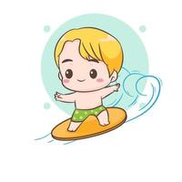 Cute boy surfing on sea. Child on surf board on ocean wave. Chibi cartoon character. Vector art illustration