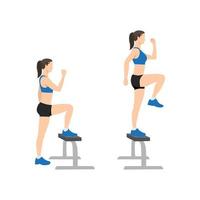 Woman doing Step up with knee raises exercise. Flat vector illustration isolated on white background