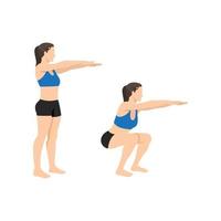 Woman doing bodyweight squat exercise. Flat vector illustration isolated on white background