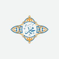 Muhammad arabic calligraphy. Mawlid al-nabawi al-shareef greeting card template with frame or ornament vector