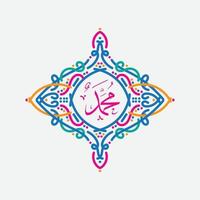 Muhammad arabic calligraphy. Mawlid al-nabawi al-shareef greeting card template with frame or ornament vector