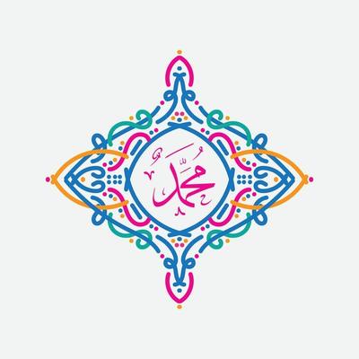 Muhammad arabic calligraphy. Mawlid al-nabawi al-shareef greeting card template with frame or ornament