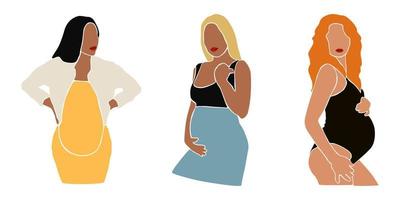 Set of pregnant woman touching her belly. Abstract modern art about pregnancy and motherhood - mother concept. Hand drawn contemporary abstract illustration. Paper cut mosaic style