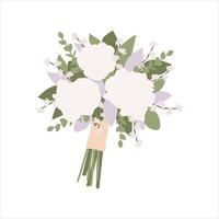 Wedding white bouquet with flowers rose, peony, eucalyptus, green leaves. Cartoon bouquet with ribbon for holidays. Boho bridal wedding arrangements. Hand drawn flat llustration vector