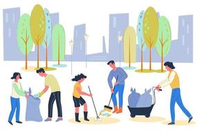 Volunteers social work for environment conservation and cleaning city from waste. Urban ecology and garbage collecting. Town renovation and keeping eco clean and green. Flat vector illustration.