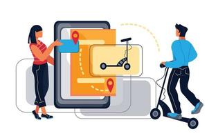 uso compartido o alquiler de scooters eléctricos a través del concepto de aplicación móvil con personajes de personas. vehículo urbano ecológico y tecnología de transporte público disponible. ilustración vectorial plana aislada. vector