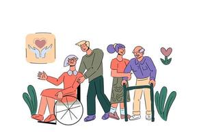los voluntarios cuidan a las personas mayores discapacitadas ilustración vectorial de dibujos animados aislada en el fondo blanco. cartel para el día del voluntariado el 5 de diciembre para la caridad y el apoyo a las fundaciones de personas mayores. vector