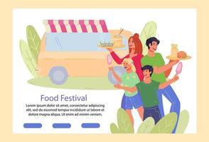 Street food festival web banner with food truck and people enjoying meals. Culinary feast restaurant or cafeteria concept. National cuisines day festival or fair. Flat vector illustration.