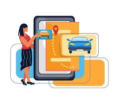 Car sharing or rental via mobile application concept with people character choosing automobile. Urban vehicle and available public transportation internet services. Flat vector illustration isolated.