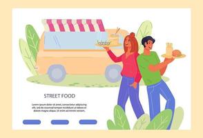 Street food festival or fair landing page with food truck and couple enjoying meals. Culinary feast restaurant or cafeteria web banner template. Flat vector illustration.