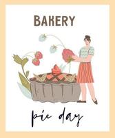 Bakery pie day banner or poster design with character of woman baker. Bakery and Confectionery, Desserts shop banner template, cartoon vector illustration.