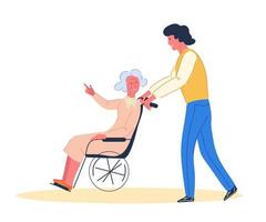 Elderly senior people assistance concept with man social, clinic or nursing home worker and wheelchair with aged disabled woman. Retirement age active lifestyle. Flat vector illustration isolated.