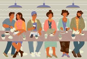 People in cafe or coffee shop meeting, working and drinking coffee flat vector characters illustration. Digital Mobile communication technology and modern urban life concept.