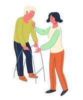 Help from a kindergarten or a social worker for an elderly person. A worker in a clinic or nursing home with an elderly person with a disability. Flat vector illustration isolated.