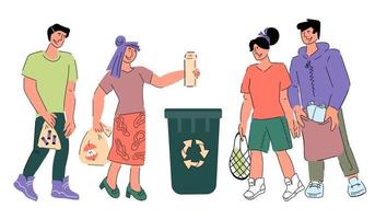 Eco environment saving concept of waste recycling. People sorting wastes for reuse and recycle, flat cartoon vector isolated.