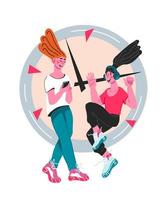 Fitness plan concept with women characters at background with clock planning diet nutrition and exercising. Diet helper application for weight loss and healthy life vector illustration isolated.