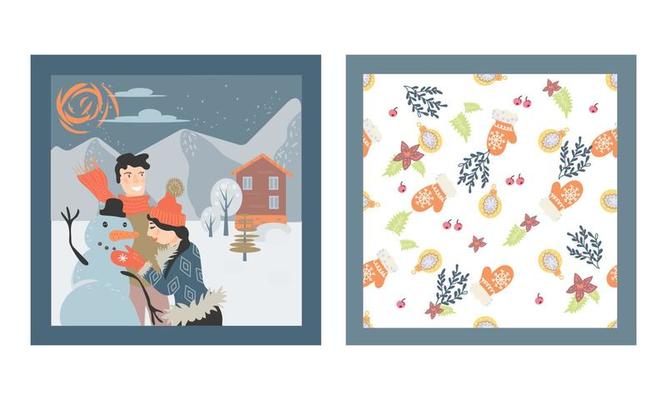 Christmas and New Year Greeting cards set - couple making snowman and Xmas seamless winter pattern, flat cartoon vector illustration. Bundle for invitations, parties and celebrations decoration.