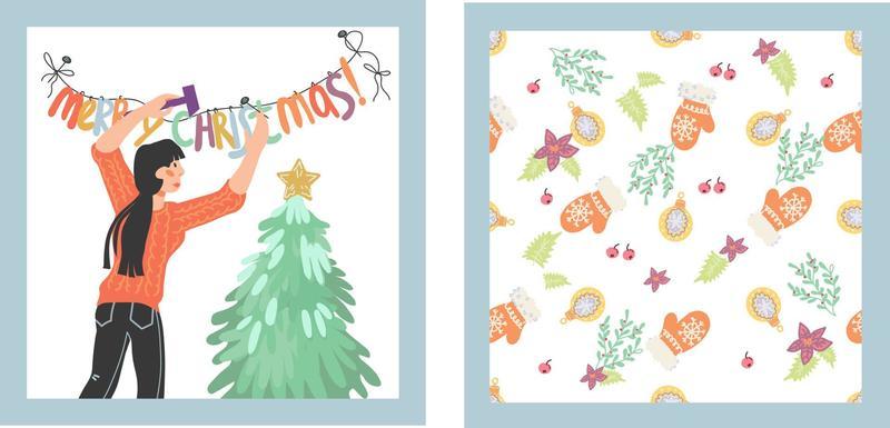 Merry Christmas greeting cards set with woman cartoon character decorates home for winter holidays and Xmas pattern, flat vector illustration isolated on background.