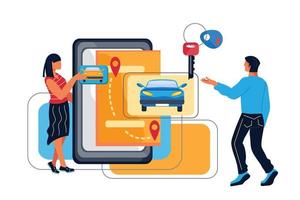 Car sharing or rental concept with people character choosing automobile and exchanging keys. Urban public transportation internet services and mobile application. Flat vector illustration isolated.