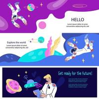 Set of banners or flyers on cosmos topic with astronaut or cosmonaut. Science research, advanced communication internet technology and space exploration concept. Flat cartoon vector illustration.