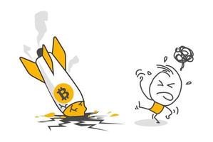 Stick figures. Bitcoin rocket crash. vector