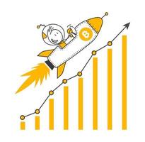 Stick figures. Bitcoin spaceship flying. vector