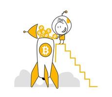 Stick figures. Bitcoin spaceship flying. vector