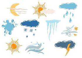 Weather set. Cute hand drawn sun and clouds, rain or snow, lightning, moon, thunderstorm, storm and wind. Symbols of forecast weather. Meteorological infographics signs. Vector illustration