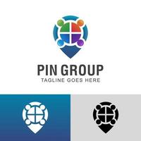 diseño de logotipo de grupo de personas de negocios con diseño de icono de símbolo de mapa pin y plantilla de logotipo vector