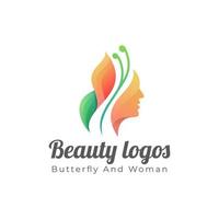 logotipos de belleza de mariposa con cara hermosa diseño de icono de símbolo de logotipo femenino vector