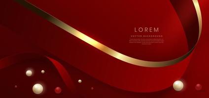 Abstract 3d gold curved red ribbon on red background with lighting effect and sparkle with copy space for text. Luxury design style. vector