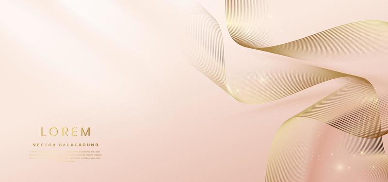 Abstract gold curved lines elegant on pastel soft pink background with copy space for text. Luxury 3d concept.