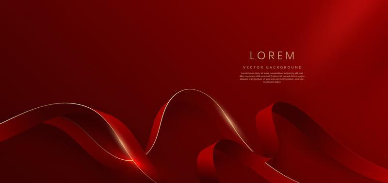 Abstract 3d gold curved red ribbon on red background with lighting effect and sparkle with copy space for text. Luxury design style.