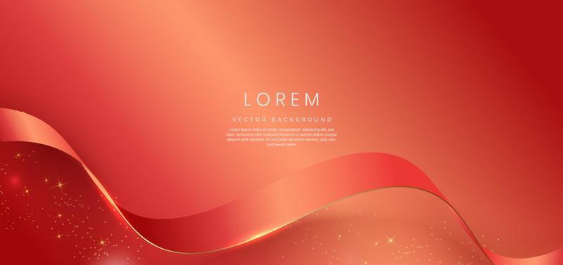 Abstract 3d gold curved red ribbon on red background with bll lighting effect and sparkle with copy space for text. Luxury design style.