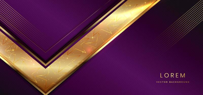 Luxury 3d template elegant golden triangle with lighting effect sparkle on violet background. Luxury design concept with copy space for text.