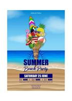 hello summer beach party poster with summer elements on beach background vector