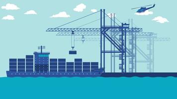 vista lateral de dibujos animados planos del transporte de carga marítima cargando contenedores y grúas portuarias en el puerto vector