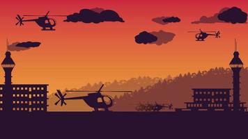 silhouette of helicopter and air traffic control tower on orange gradient background vector