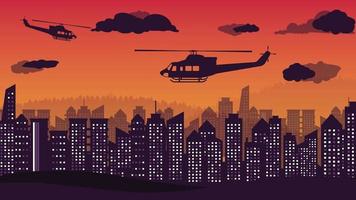 silhouette of utility helicopter and city tower on orange gradient background vector