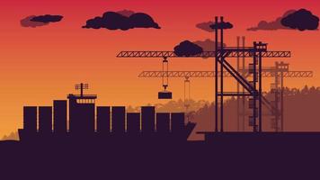 silhouette of Transport cargo sea ship loading containers and harbor crane at port on orange gradient background vector