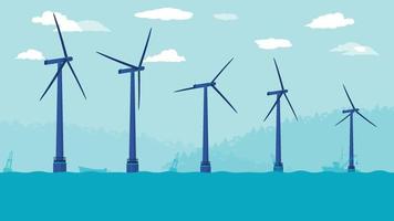 flat cartoon side view of Offshore wind turbine farm at Ocean or sea vector