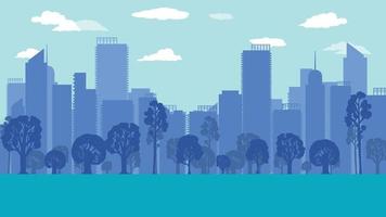 flat cartoon side view of tree in the park and city town background vector
