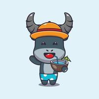 Cute buffalo cartoon mascot character drink fresh coconut vector