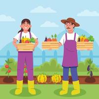 pareja cosechando alimentos del concepto de hogar vector